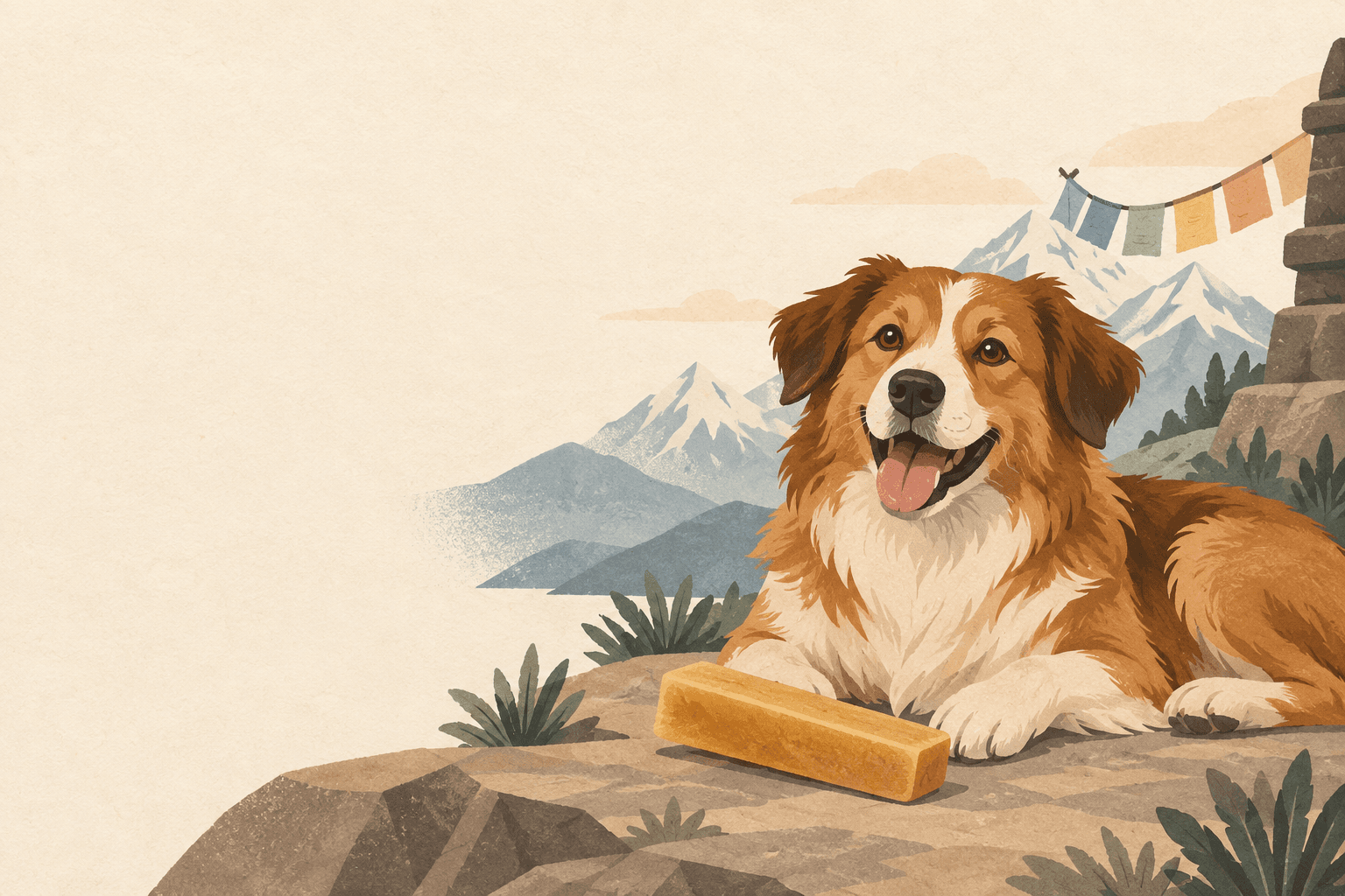 A Himalayan dog beside a handcrafted cheese chew
